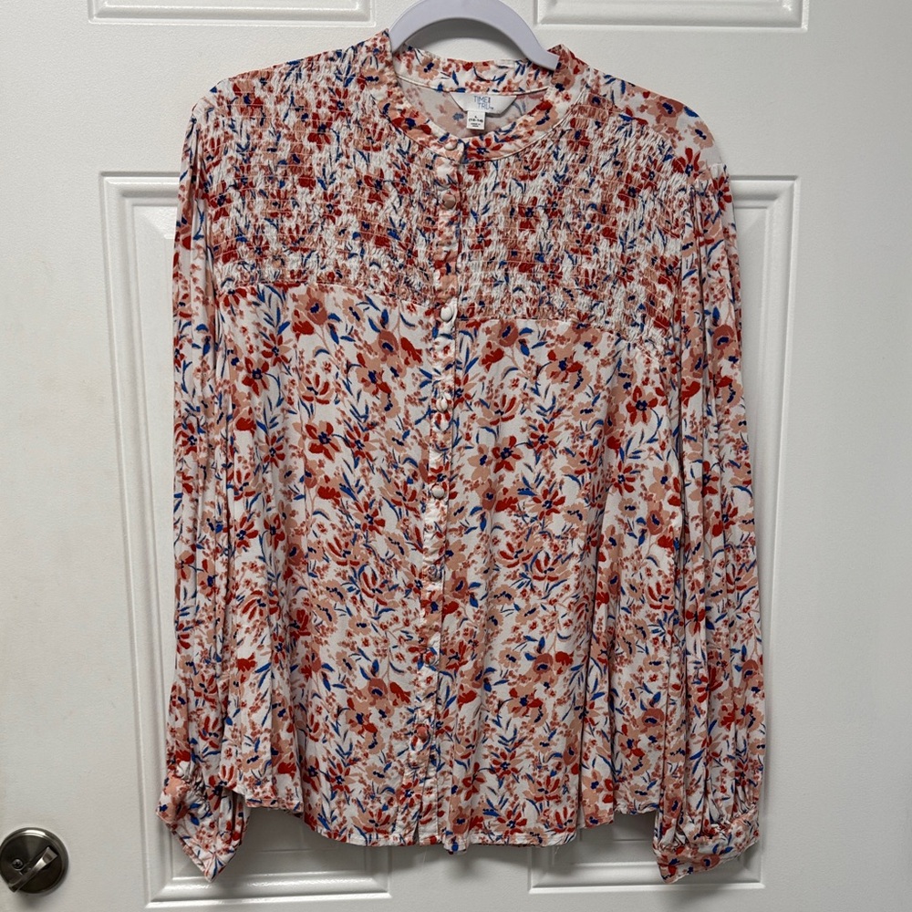 Time and Tru Floral Blouse - Coral and Blue
